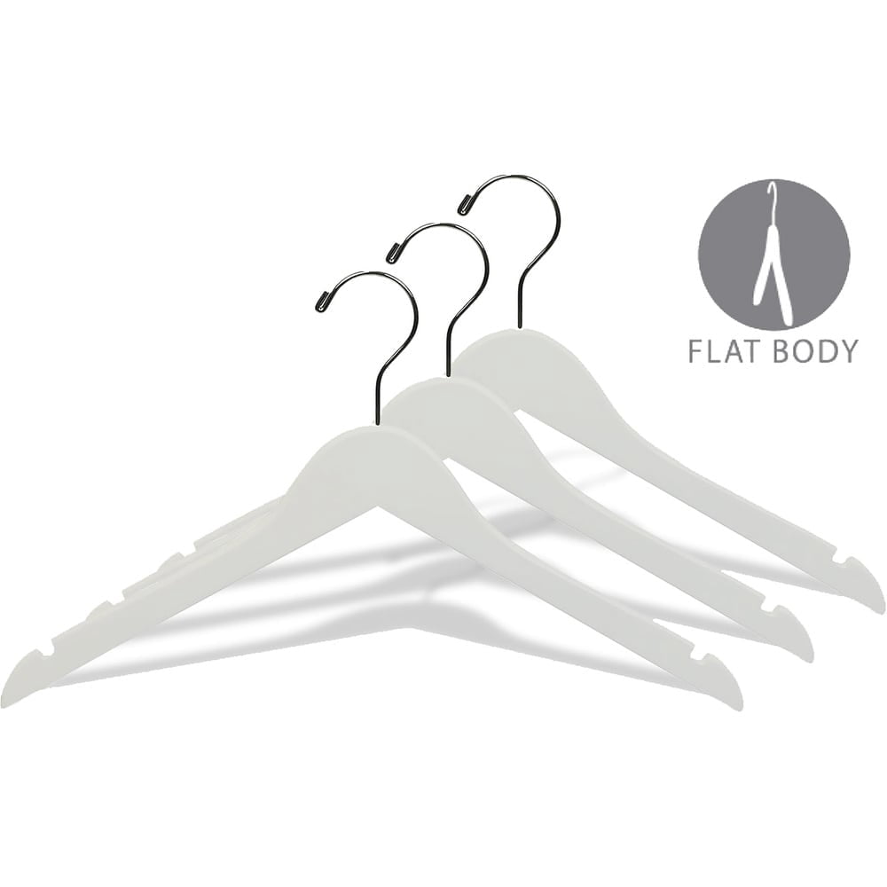 White Wood Top Hanger, Box of 100 Space Saving 17 Inch Flat Wooden Hangers w/ Chrome Swivel Hook & Notches for Shirt Jacket or Dress by International Hanger