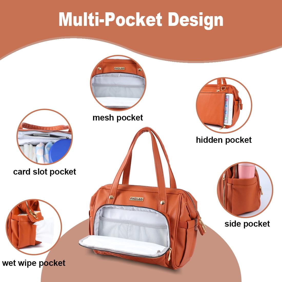 Diaper Bag Tote, Tote bag with 13 Pocket Waterproof Mom Bag , Stylish Leather Crossbody Diaper Bag for Travel(Orange)