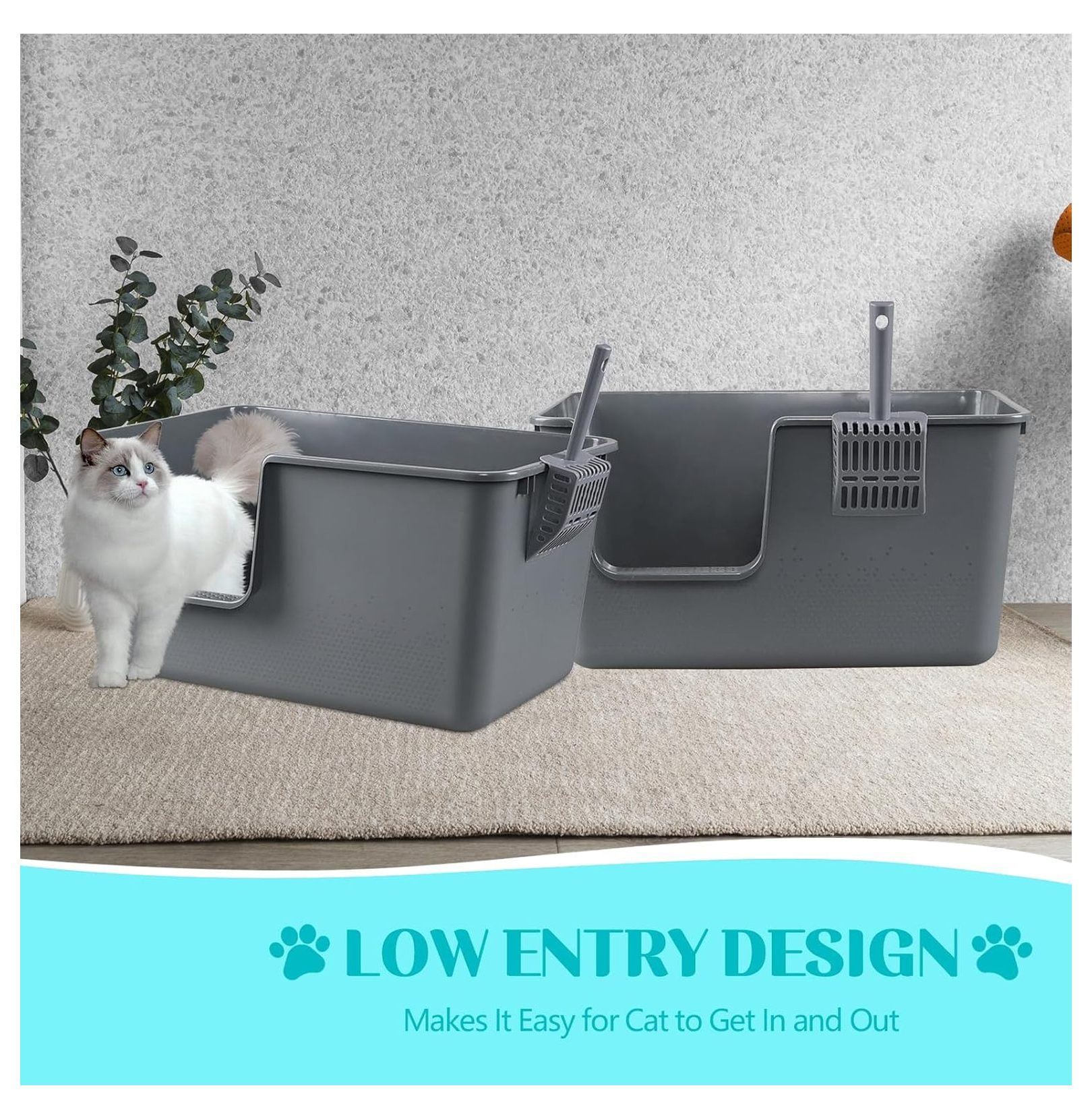 Cat Litter Boxes 2-Pack, Large High-Sided Plastic Cat Litter Pan, Gray - 24.4x15.2x12.7 Inch - Open Top Cat Toilet for Cats & Small Dogs