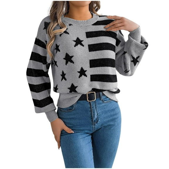 Yangnuo Pullover Sweaters for Women Striped Sweater for Women Women's Color Blocked Knitted Top Round-Neck Long Sleeve Blouses Pullover Fashionable Sweater