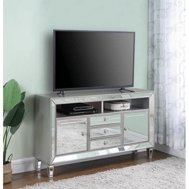 3 Drawer Tv Console Metallic Platinum Com 3 Drawer Tv Console Metallic Platinum, Mirrored Tv Stand With Drawers