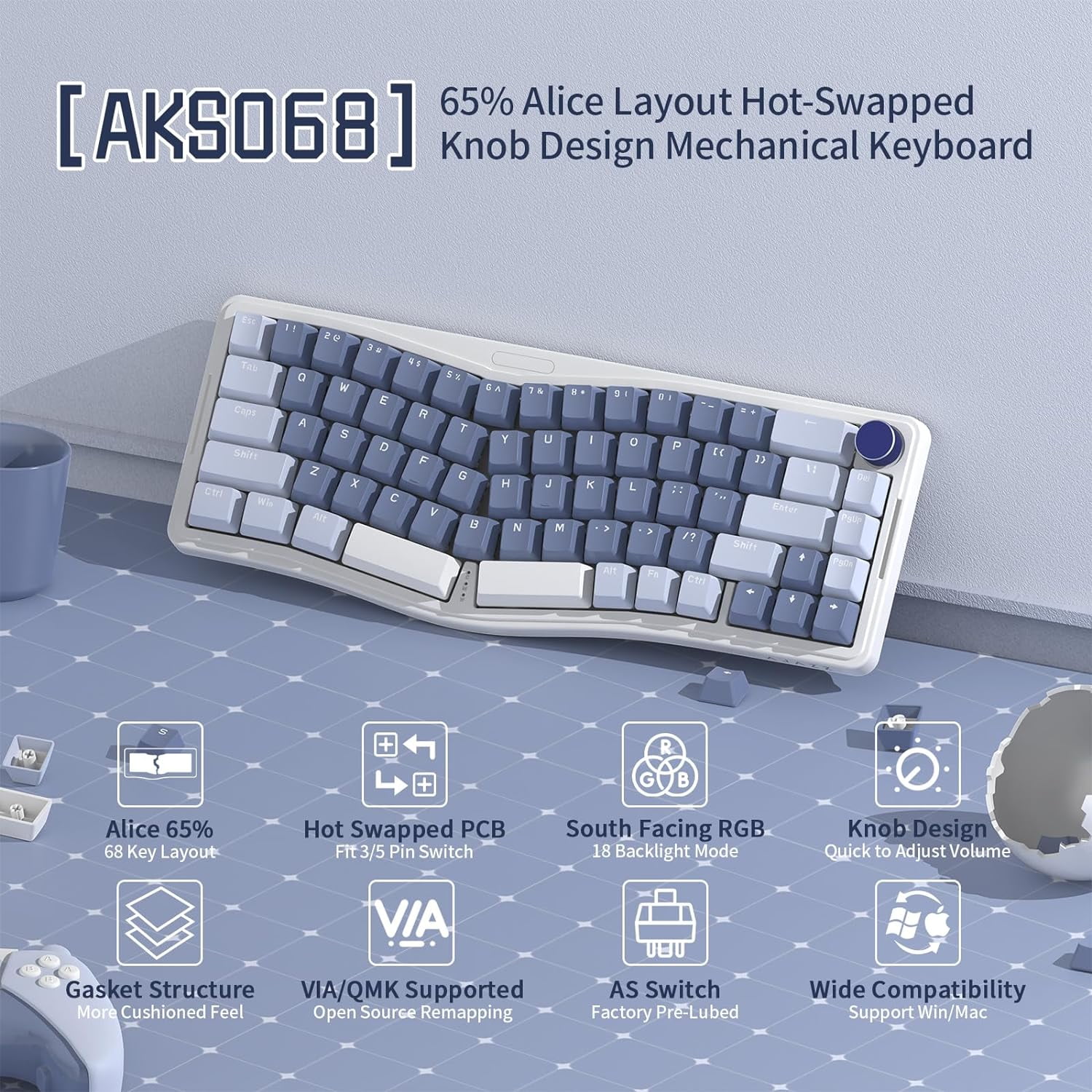 ATTACK SHARK AKS068 Alice Layout Wired Mechanical Keyboard, Gasket Mount 68 Keys Ergonomic 60% Gaming Keyboard USB-C, VIA-Programmable, Hot-Swappable Tactile Switch, RGB Backlit, Knob, NKRO, PC/MAC