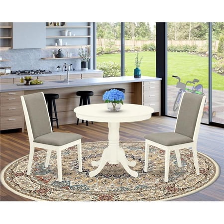 3 Piece Antique Round Dining Room Table Set - Shitake & Linen White