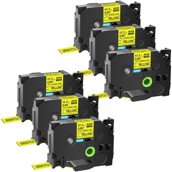 GREENCYCLE 6PK Compatible for Brother P-touch HSE-641 HS-641 HSe641 HS641 17.7mm 0.69" Black on Yellow Heat-shrink Label Tape