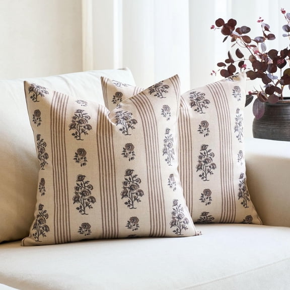 AUQ Floral Throw Pillow Covers 18x18 Set of 2 Block Print Pillow Covers Neutral Floral Striped Farmhouse Decorative Pillow Covers for Sofa Couch Bed, Brown