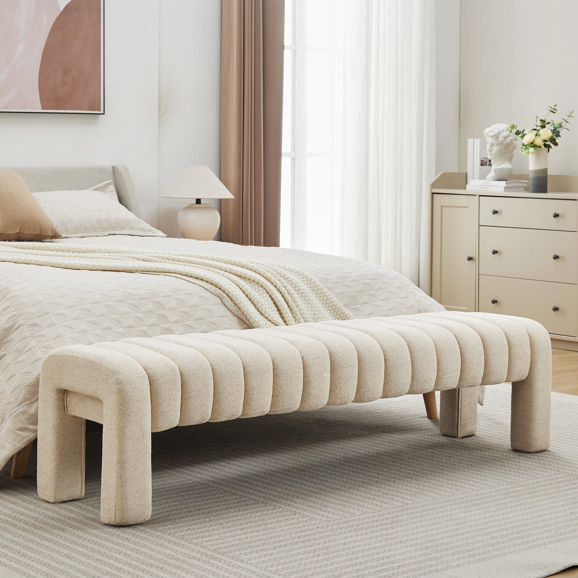 Zesthouse 63″ End of Bed Bench, Linen Tufted Upholstered Ottoman Bench with Padded Seat and Solid Wood Leg, Modern Entryway Bench for Bedroom, Living Room, Beige