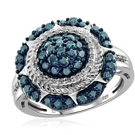 JewelersClub 1.00 CTW Round cut Blue & White Diamond Flower Sterling Silver Ring