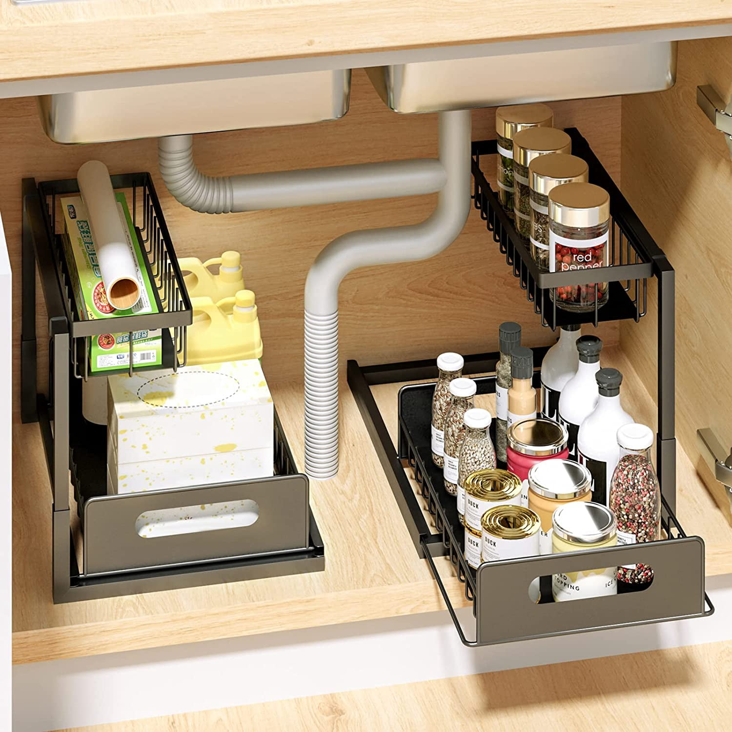 TEXIJUSO Under Sink Organizer and Storage, 2 Tier Rustproof Under Cabinet Storage, Sliding Kitchen Sink Organizer for Kitchen Bathroom
