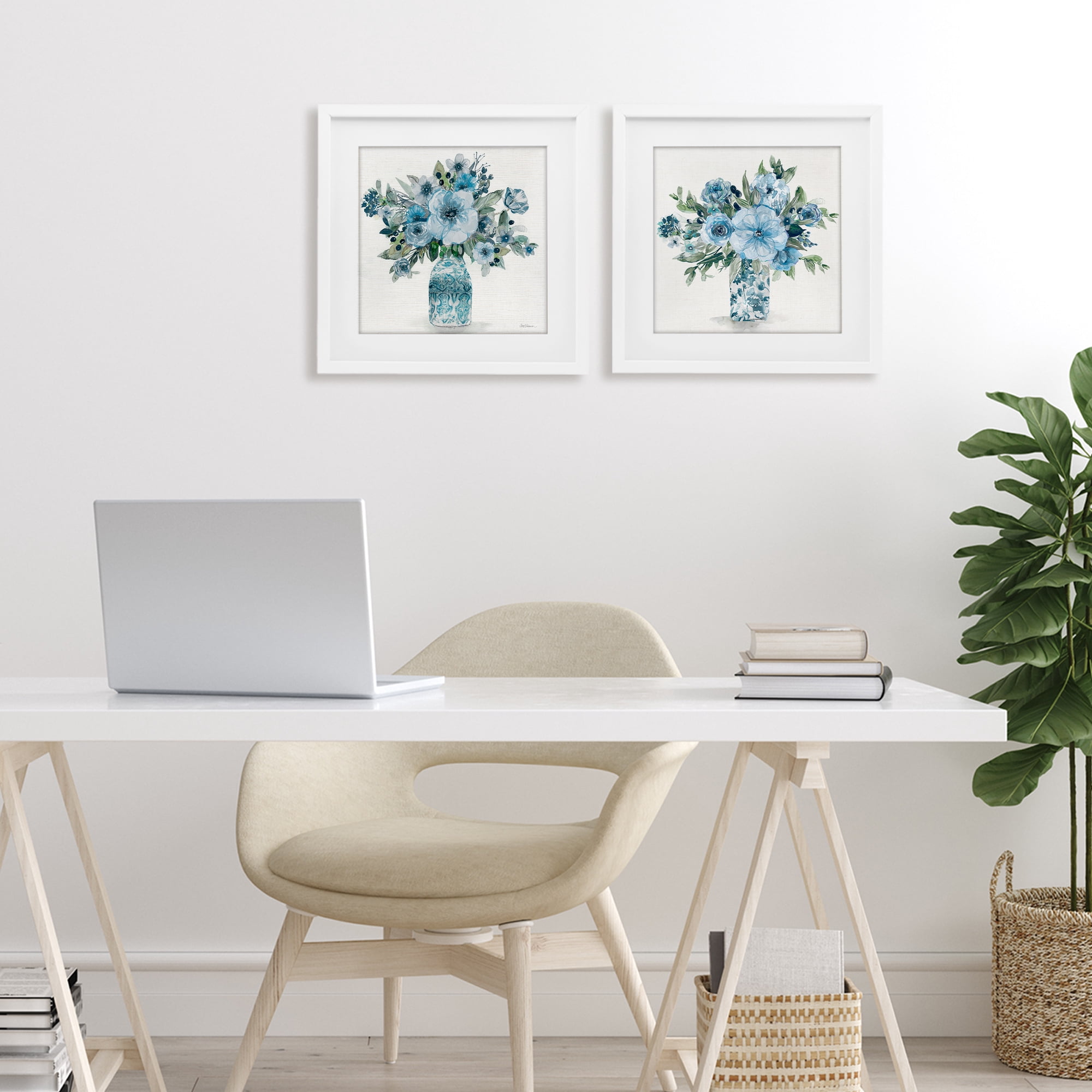 Stupell Industries Pastel Blue Floral Vase Arrangements 2 Piece White Framed Print Under Glass Set, design by Carol Robinson