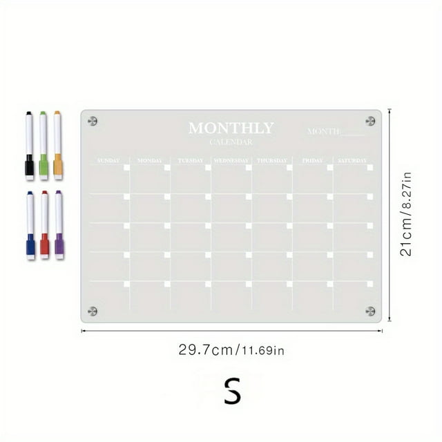 HLONK A4 Magnetic Monthly Planner Board with 6 Whiteboard Pens - Transparent Acrylic Refrigerator Message Board for Organizing Goal Setting & Decoration Includes Colorful Monthly Labels
