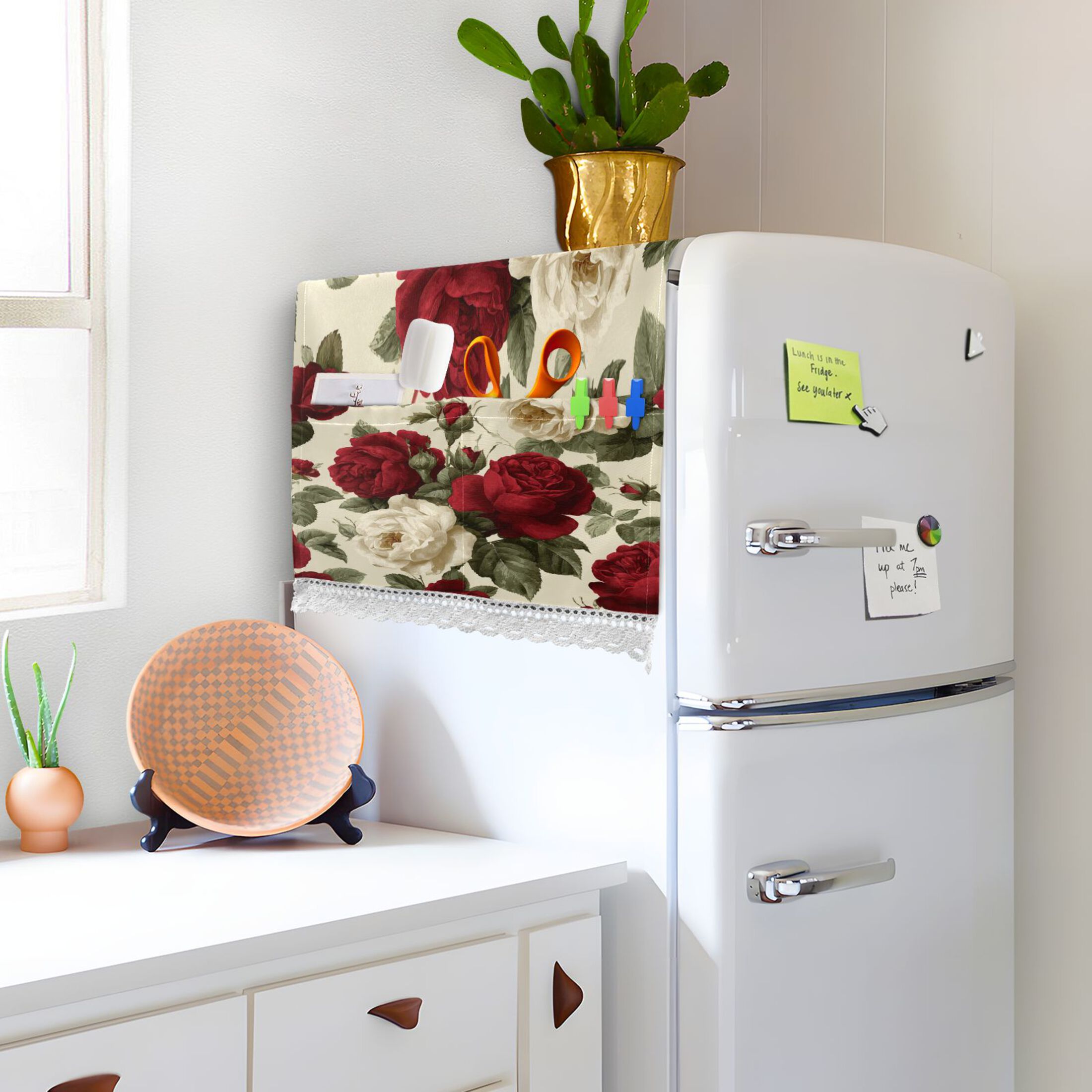 Dustproof Washing Machine Cloth Washer and Dryer Top Covers, Fridge Dust Cover, With Storage Bags Red and White Roses