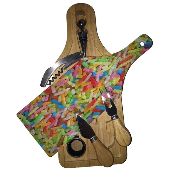 KuzmarK Wine & Cheese Glass Cutting Board Wood Box Gift Set - Ice Cream Sprinkles