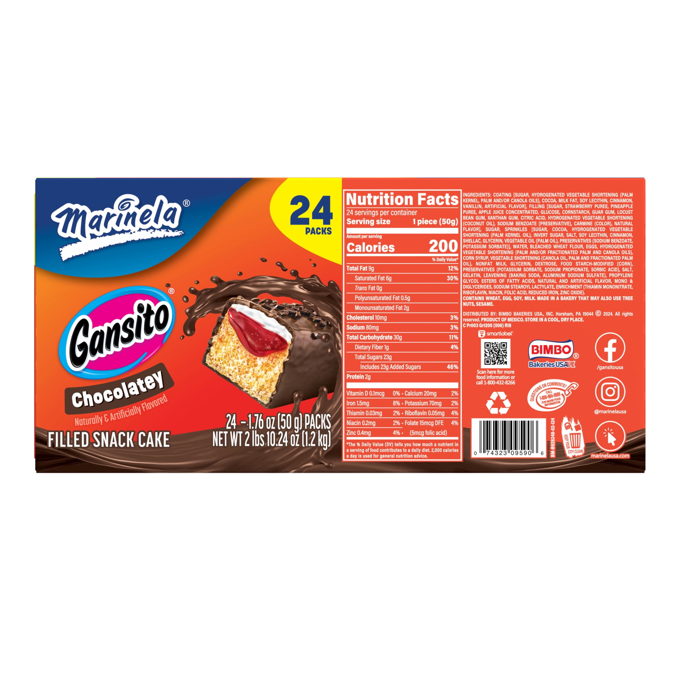 Marinela Gansito Strawberry Filled Snack Cake, 24 packs, Chocolate Flavored Covered Snack Cakes, 42.24 oz Multipack