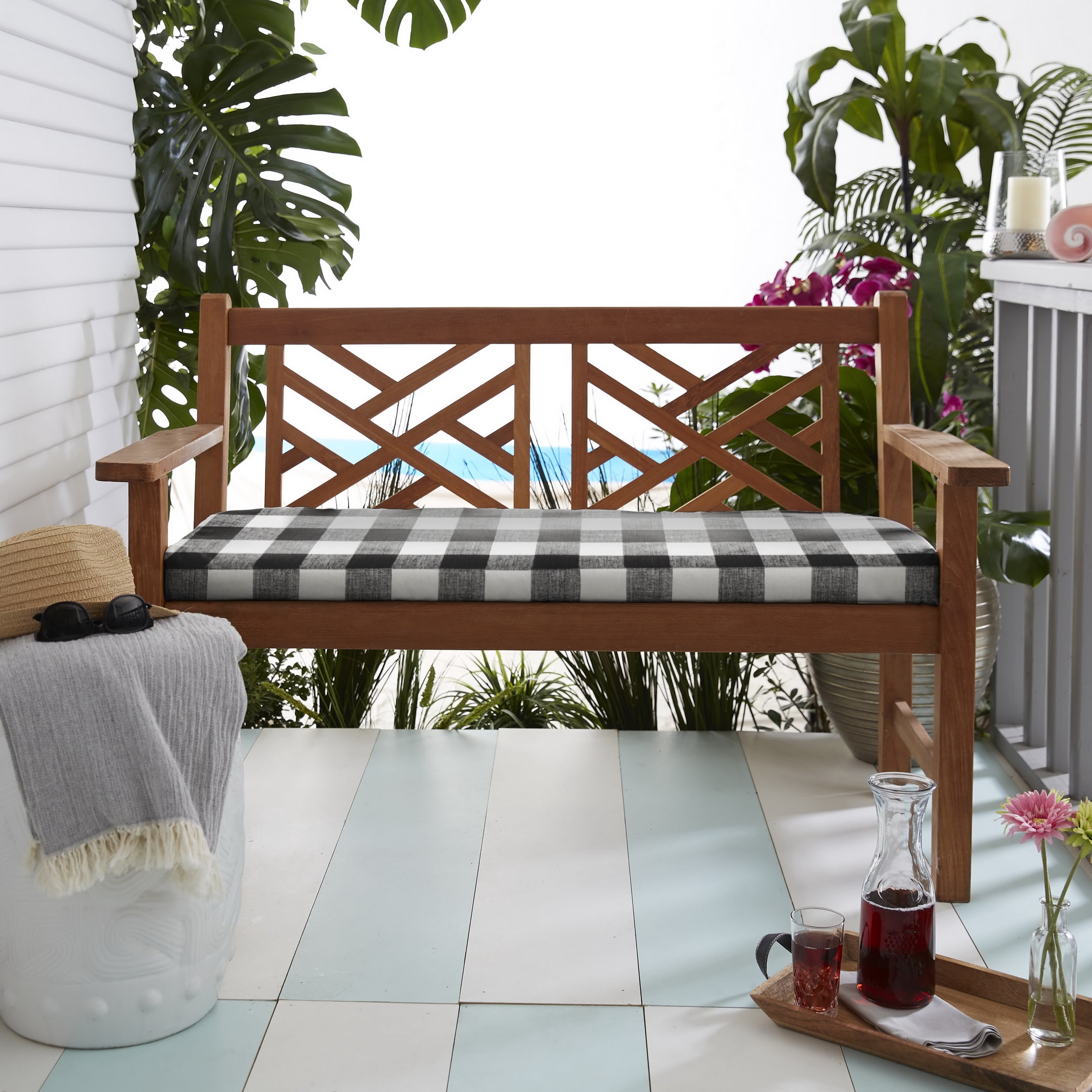 Sorra Home Black Buffalo Plaid Indoor Outdoor Bench Cushion