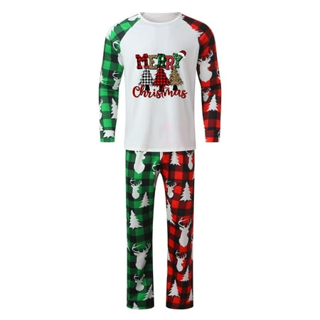 

XIAOFFENN Parent-child Attire Christmas Suits Patchwork Plaid Printed Homewear Round Neck Long Sleeve Pajamas Two-piece Dad Sets