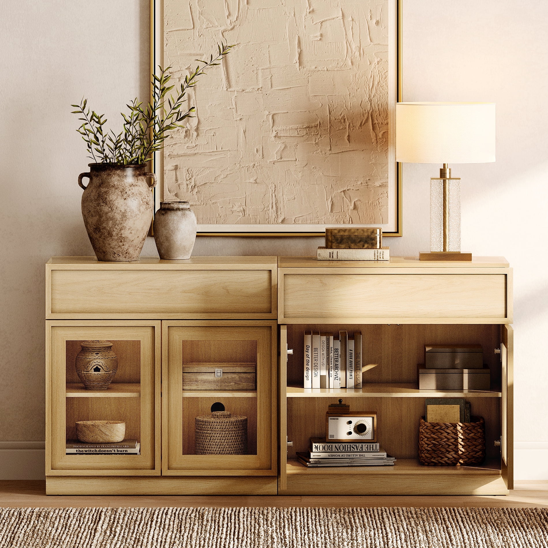 63" Modern Sideboard Buffet Cabinet with 4 Glass Doors and Drawers, Multifunctional Sideboard with Large Storage and Adjustable Shelf, Oak