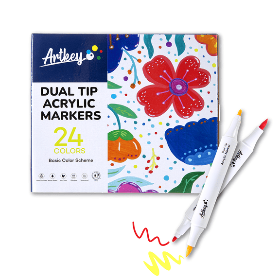 Artkey Acrylic Paint Markers 24 Colors, Dual Tip Acrylic Paint Pens with Brush and Fine Tips for Rock Painting, Canvas, Wood, Glass, Ceramic, Stone, Fabric and DIY Projects