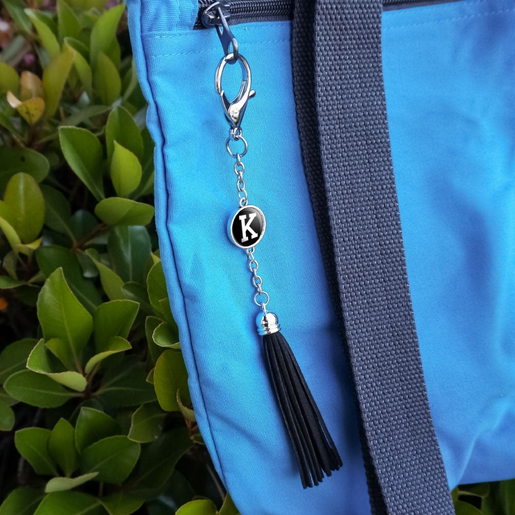 Letter K Initial Black White Backpack Handbag Purse Bottle Keychain Tassel Charm 
