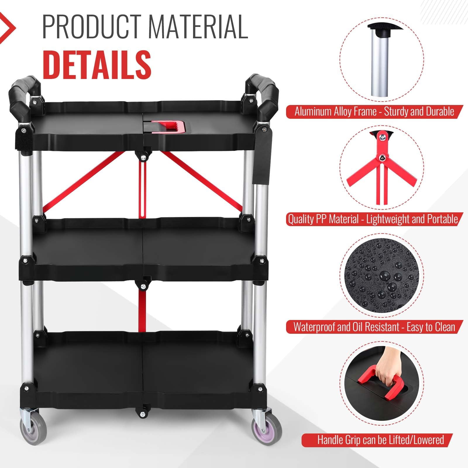 Folding Service Cart Heavy Duty 176 LBS w/ 360° Swivel Wheels Ergonomic Red Handle Foldable Utility Cart for Office Garage Home Kitchen Storage Collapsible Tool Cart