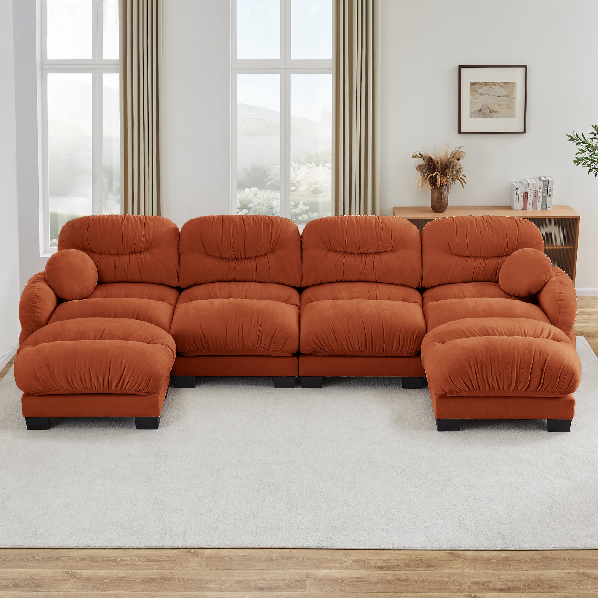 150" 4 Seater Sectional Couch Cozy Chenille U Shape Modular Sofa with 2 Ottoman and 2 Throw Pillows