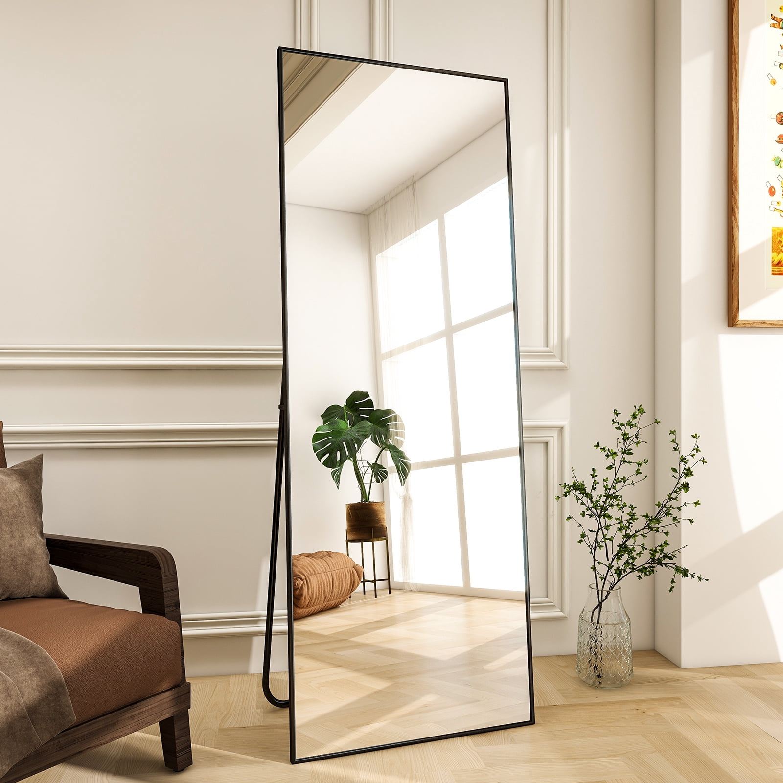 SEETHRUGLIMMER 64"x 21.25" Rectangle Full Length Mirror Metal Frame Floor Mirror with Stand, Black