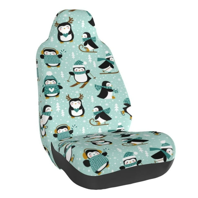 Wukai Winter Skiing Penguin Full Set Car Seat Covers with Soft Padding Universal Auto Front Seats Protector and Cushion Mat