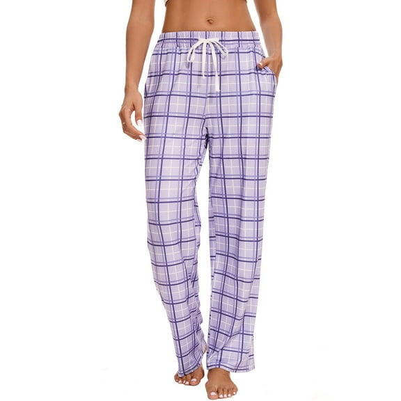 ZQUUVOU Women's Cotton Pajamas Pants Plaid Soft Breathable Stretchy Drawstring Christmas Sleep Botton with Pocket Purple