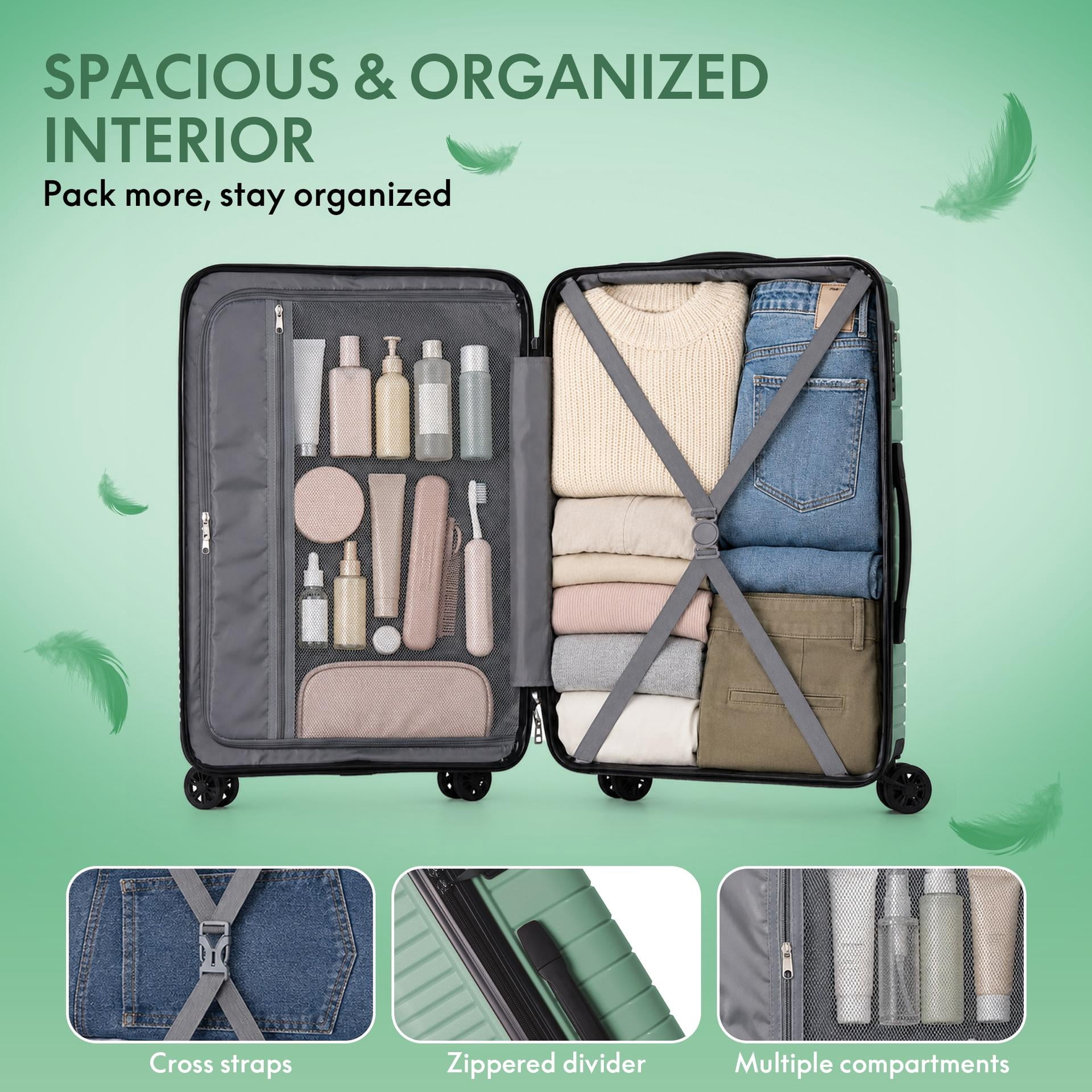 3-Piece PP Hardshell Luggage Set, Lightweight Scratch-Resistant Suitcases with TSA Lock, 4 Silent Spinner Wheels, 20"/24"/28", Green