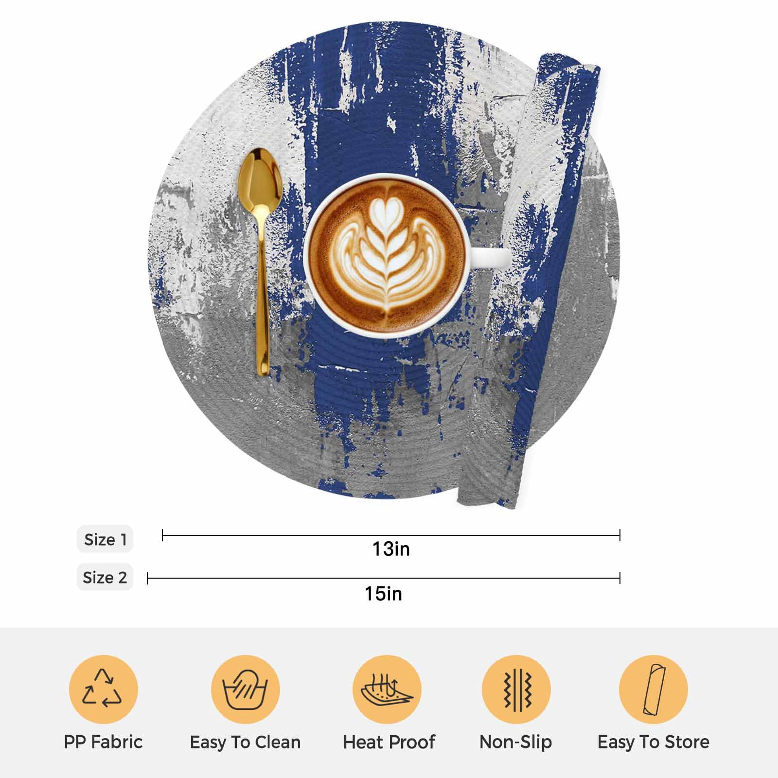 Navy Blue Cement Gray Round 13 Inch Placemats Set of 6, Modern Abstract Art Blue HeatResistant Non Slip Place Mats for Dining Table, Wipeable Braided Kitchen Table Mats for Housewarming