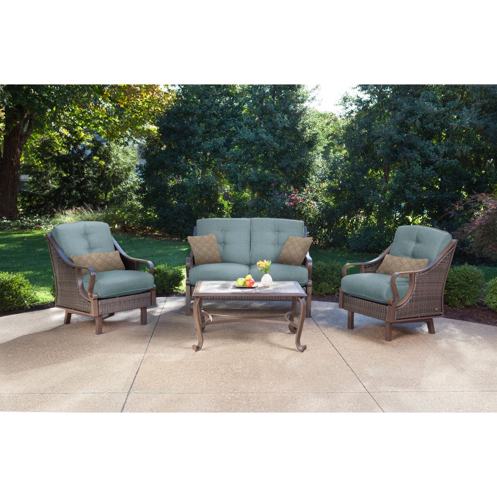 Hanover Ventura 4Piece Outdoor Wicker Patio Set with Pillows, Blue