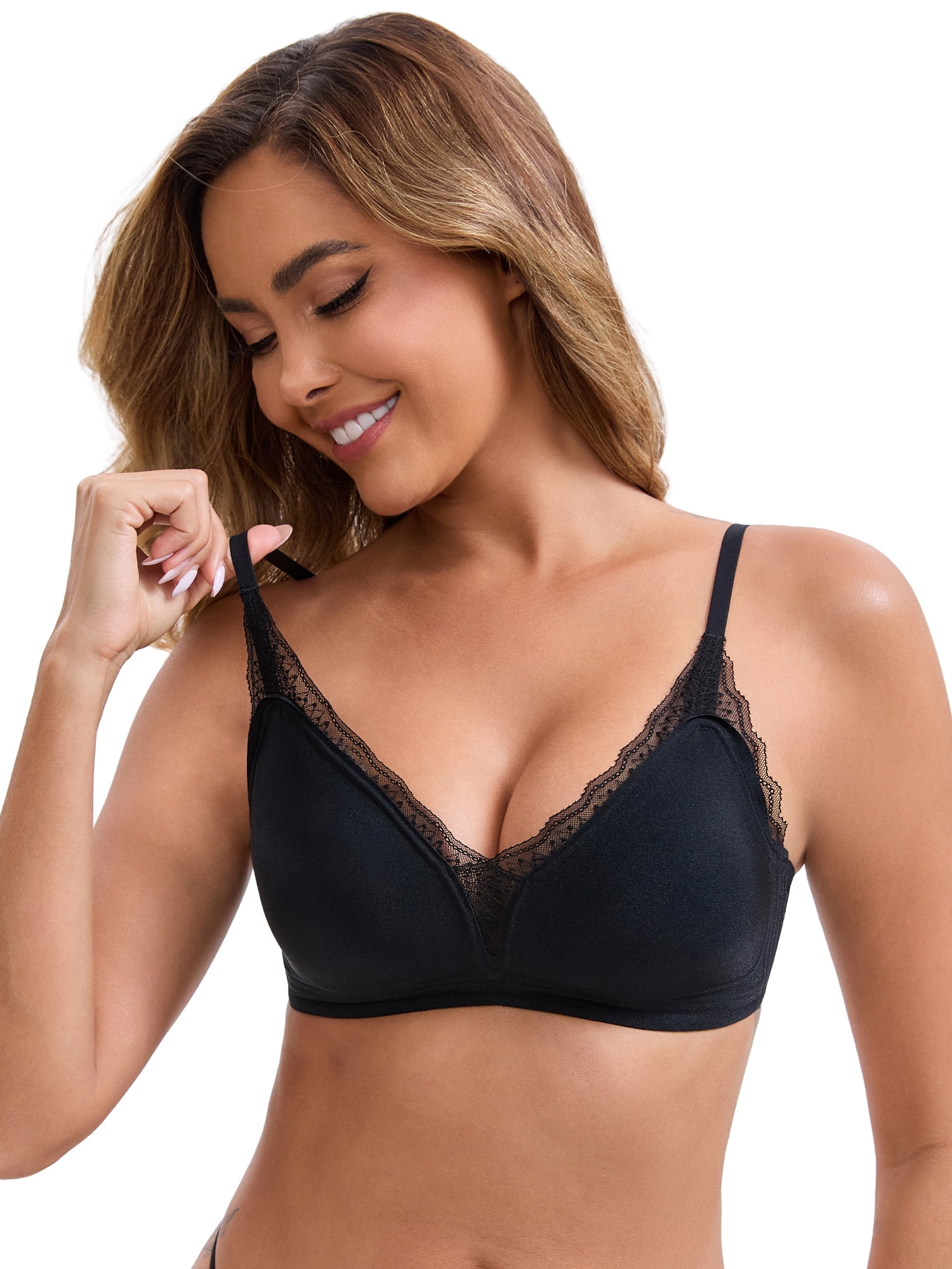 DARING DIVA Lace Trim Plunge Wireless Push Up Bra L Black