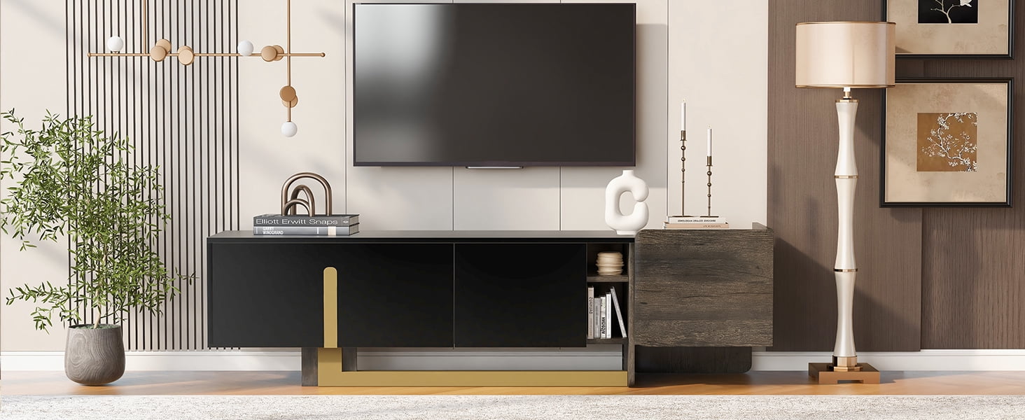 Euroco 66.7'' Light Luxury TV Stand for TVs up to 70 Inches, Modern TV Cabinet with Metal Legs, 1 Drawer, 2 Cabinets and Adjustable Shelves for Living room