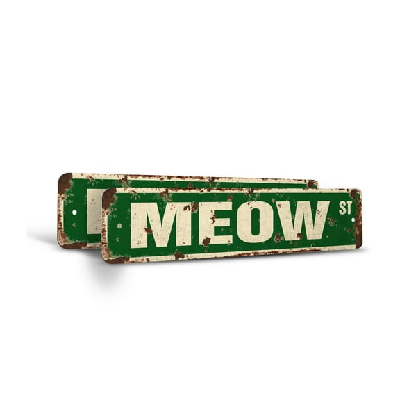 MEOW Vintage Style Rustic Street Sign – (2 Pack) Cat Lover Feline Kitty Kittens Retro Decorative Wall Sign for Home, Bar, Garage, or Outdoor Use | 4" X 18" Plastic Road Sign