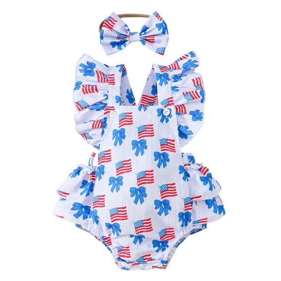 Baby Onesies Infant Girls Fly Sleeve Independence Day 4Th Of July Prints Newborn Bodysuits Girls Romper Blue 12 Months-18 Months