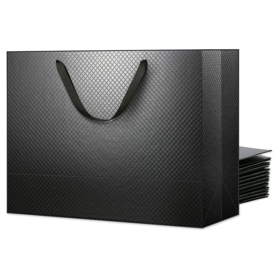 PACKHOME 12 Extra Large Gift Bags 16x6x12 Inches, Premium Black Large Bags with Handles (Ribbon) for All Occasions (Glossy Black with Lattice Texture)