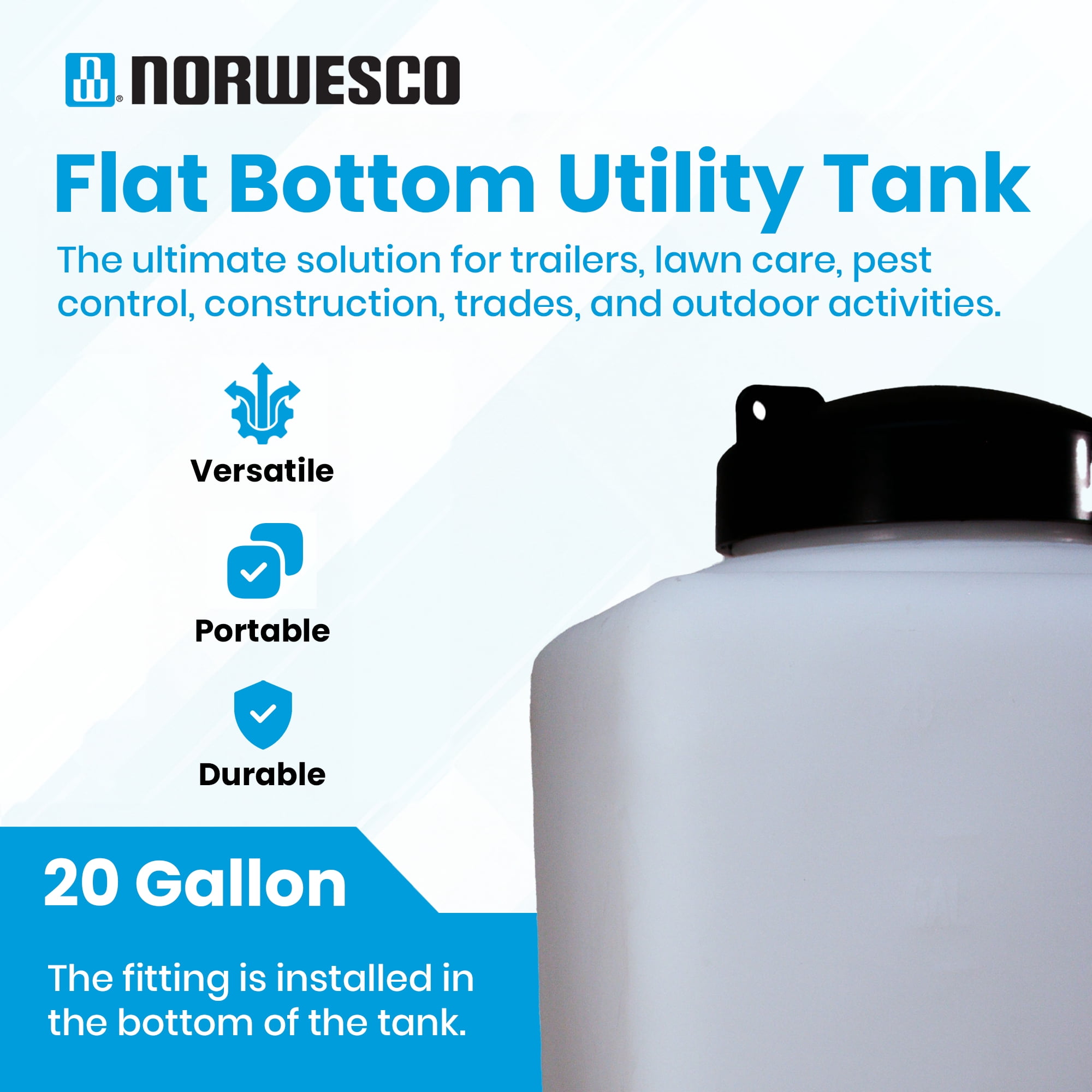Norwesco Flat Bottom Utility Tanks for Trailers and Lawn Care, 20Gal, White