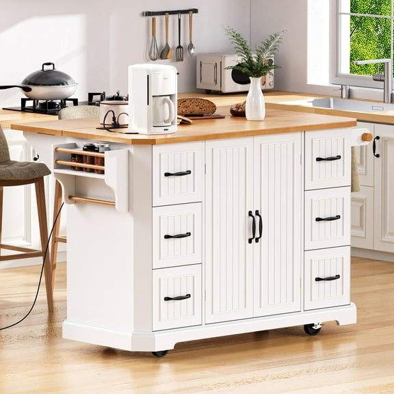 Toauuo 56 Inch Kitchen Island - Rubber Wood Veneer Drop Leaf, Power Outlet, 4 Door Shelves, 6 Deep Drawers, Embossed Vertical Stripe Rolling Kitchen Cart (4 Wheels) for Kitchen & Dining Room​