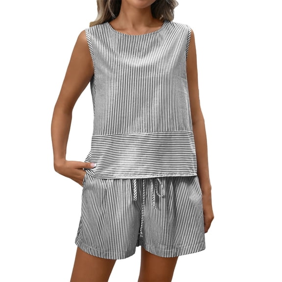 NMMUED Casual 2 Piece Sets for Women Shorts and Tank Top Matching Set Women Striped Short Sets for Women Clothing Summer Beach Vacation Clothes Black L