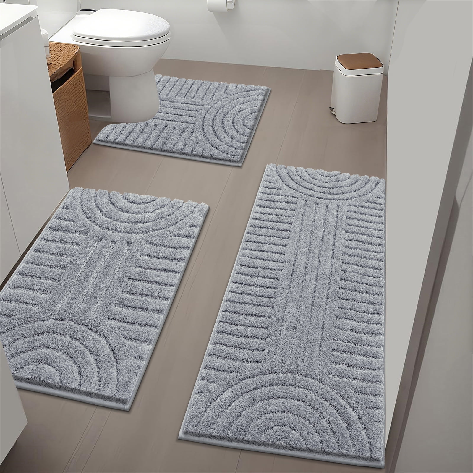 Bathroom Rugs Sets 3 Piece, Soft Absorbent Microfiber Bath Mats and U-Shaped Contour Toilet Rug, Plush Shaggy Bath Mat Set for Bathroom