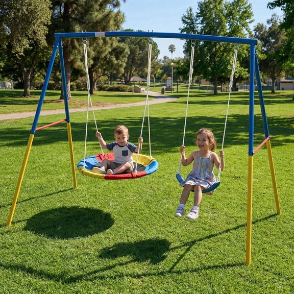 Mersco 2-in-1 Swing Set for Backyard with Stand, Swing Heavy Duty 440lbs Metal Outdoor Swing Stand, Contain 1 Saucer 32" and 1 Belt Seat 26.2" for Playground, Backyard Playset