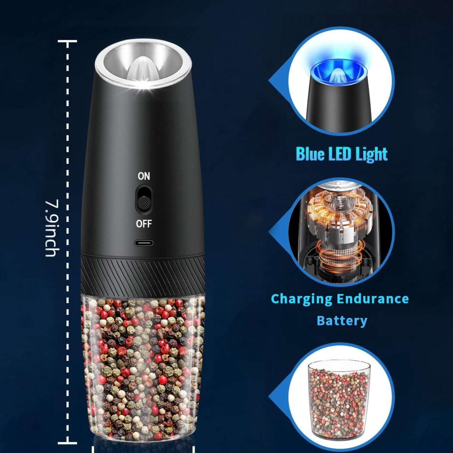 Gravity Electric Salt and Pepper Grinder Set, Adjustable Coarseness, No Batteries Needed, LED Light, One-Hand Automatic Operation, Black - Perfect Holiday Gift for New Year’s Festivities