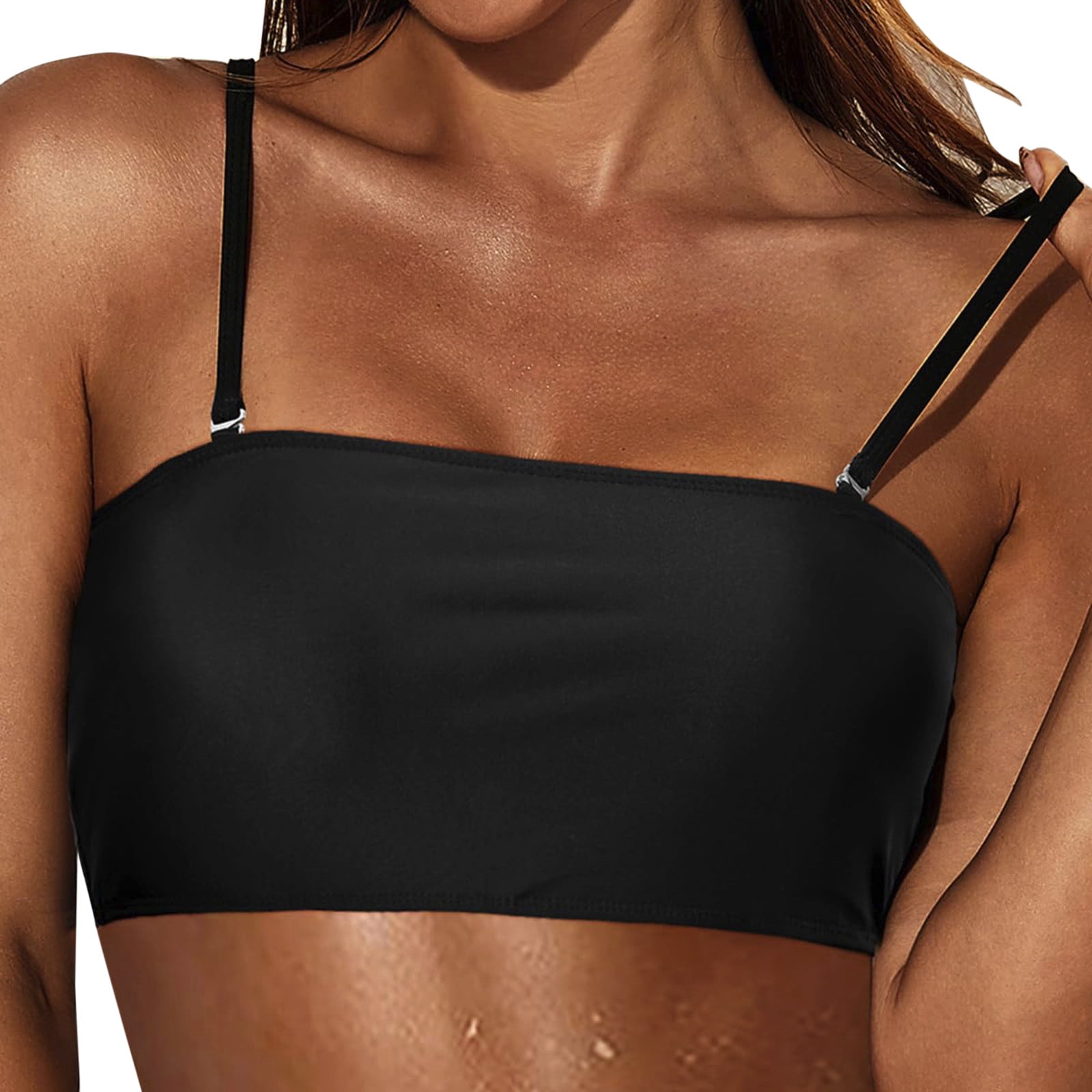 Womens Underwear plus Swimsuits Women Removable Shoulder Strap Swimwear Tops Strapless Bikini Top Bandeau Swim Top Tube Top Adult Female Clothes Black