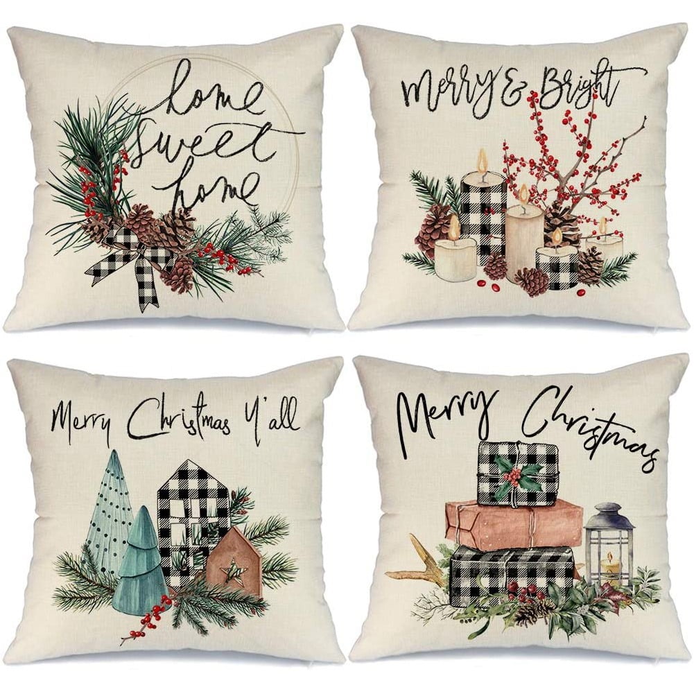 Blue, White Christmas Pillow Covers Farmhouse Christmas Decorations Cushion Case 18x18 Inches Set of 4 Rustic Winter Holiday Throw Pillows for Sofa Couch Linen Decorations 