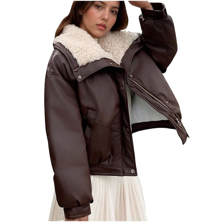 BVOFAR Faux Leather Jackets for Woem Sherpa Lapel Puffer Cropped