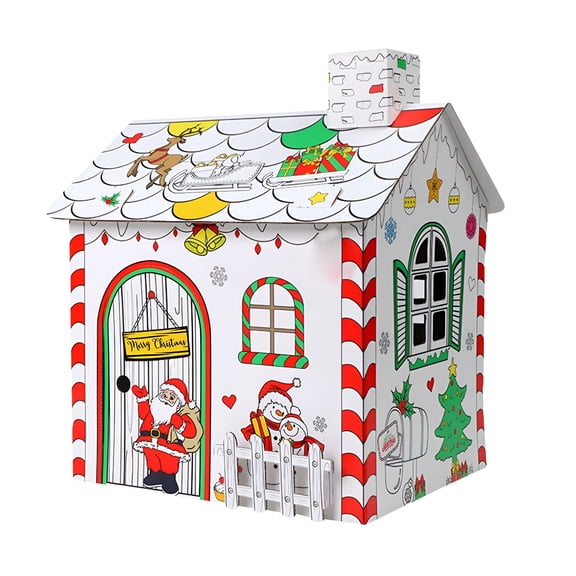 BESTSKY DIY Playhouse Cardboard Assembly Coloring Toy Foldable for Kids Christmas Craft Activity with Watercolor Brushes Creative Art Project Cardboard House to Color for Kids