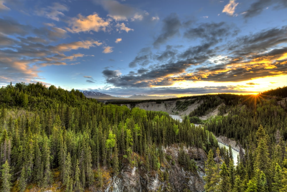 Scenic view of the Kuskulana River Canyon at sunset from the Kuskulana River Bridge on the McCarthy Road in Wrangell-St Elias National Park and Preserve Southcentral Alaska Spring HDR Canvas Art - Luc
