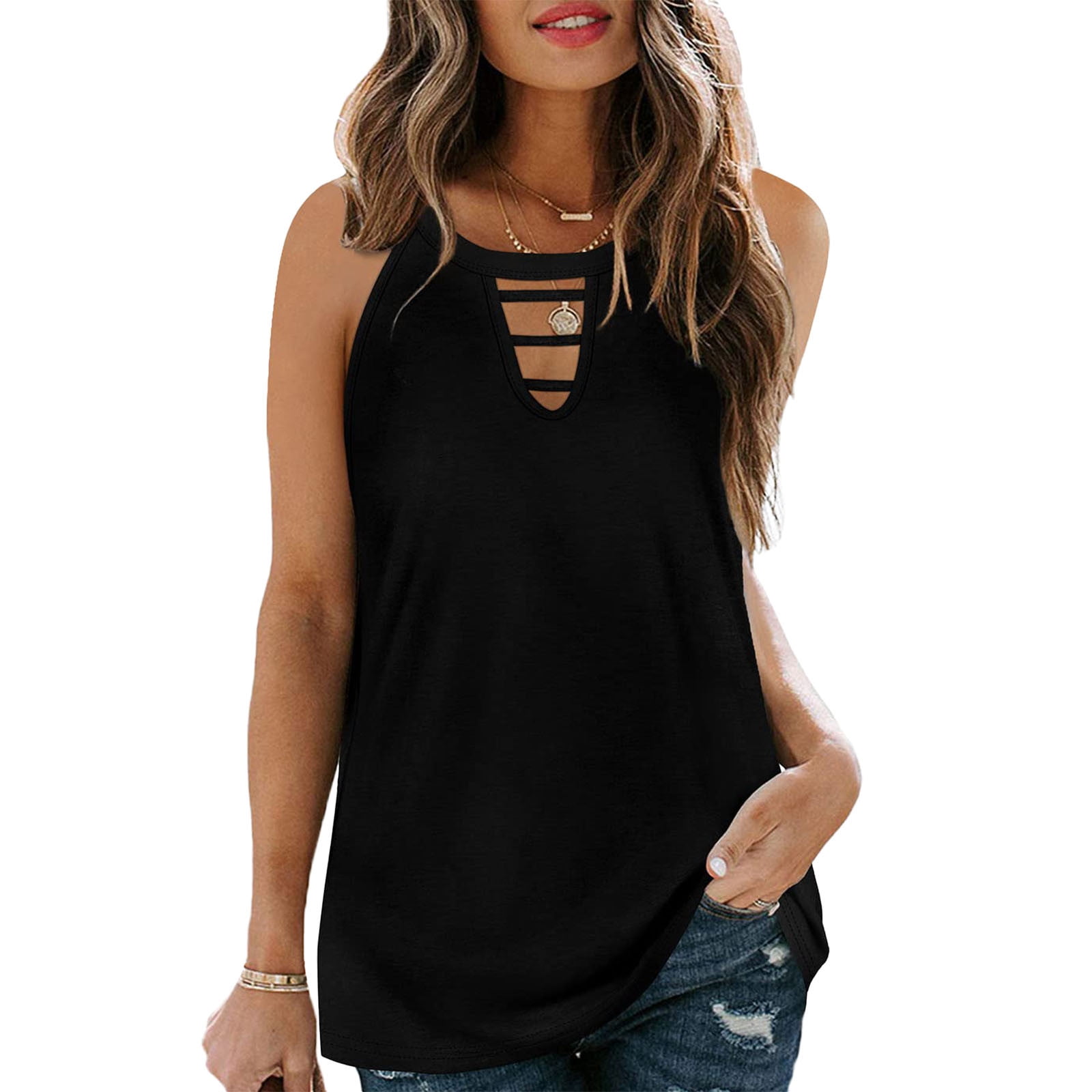 WOXINDA Women Summer Casual Top Sling Tank Hollow Camis Solid Color Top ...