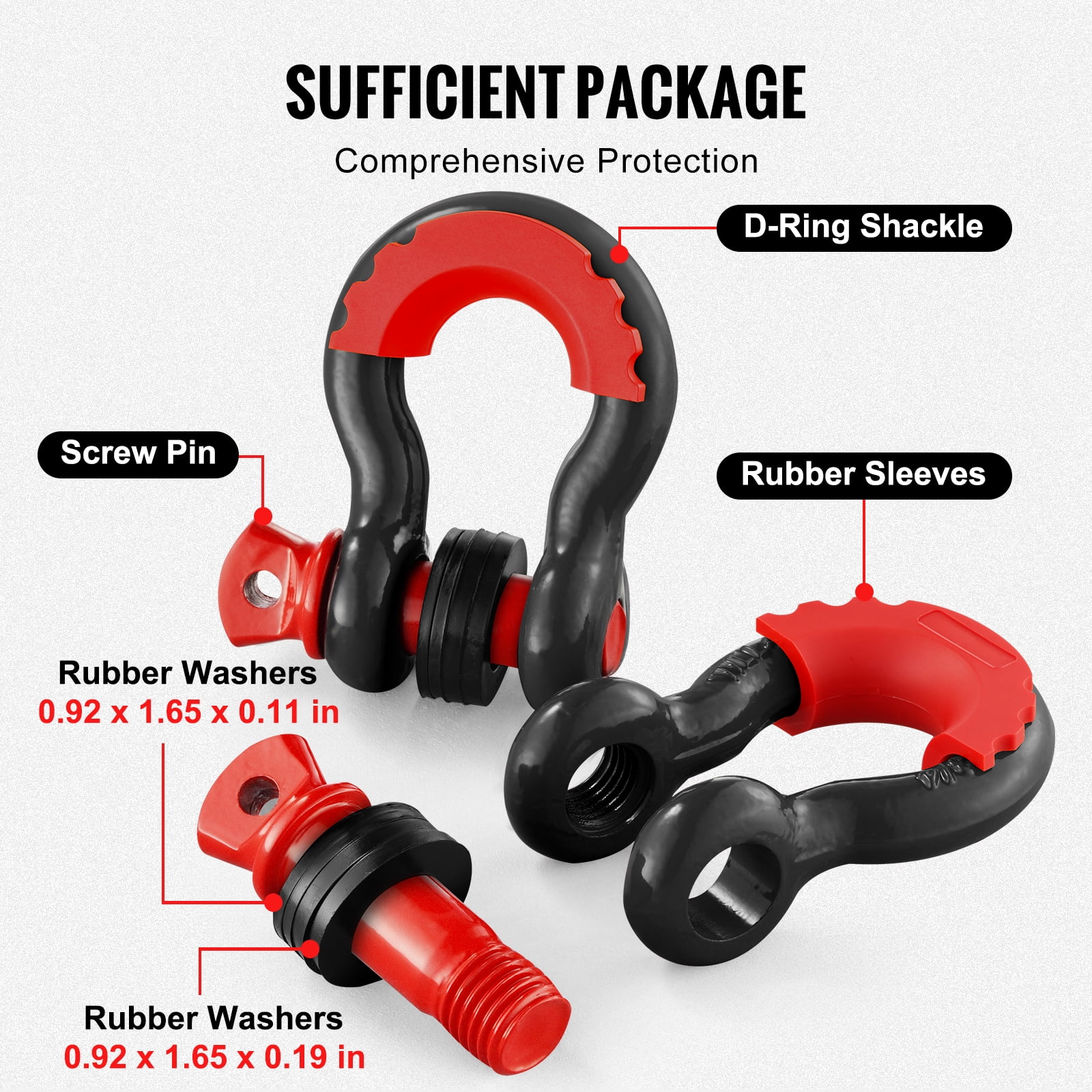 VEVOR 3/4" D-Ring Shackle,2 Pack Alloy Steel Shackles 62832 lbs (28.5 Ton) Break Strength with 7/8" Screw Pin, Isolators & Washers,Heavy Duty Off Road Vehicle Recovery Shackle for Jeep Truck,Black