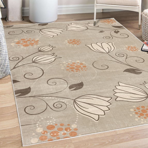 Floral Decorative Rug, Dutch Tulip Ottoman Flowers with Leaves Natural Ornaments of the World with Dots, Quality Carpet for Bedroom Dorm and Living Room, 6 Sizes, Pale Tan, by Ambesonne