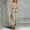 thumbnail image 4 of Karymi Tops for Women Trendy 2 Piece Contrast Piping Outfit Set, Crew Neck Sleeveless Button Vest Top+Pleated Cuffed Cropped Wide Leg Capri Pants with Pockets Womens Workout Tops, 4 of 6